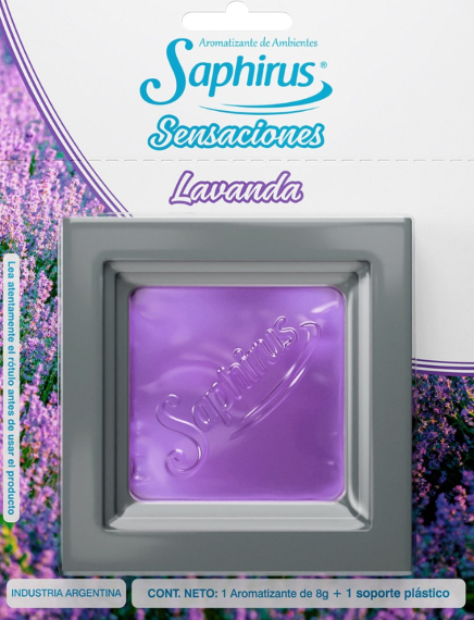 Saphirus Sensaciones Lavanda air freshener with purple gel in a square gray holder