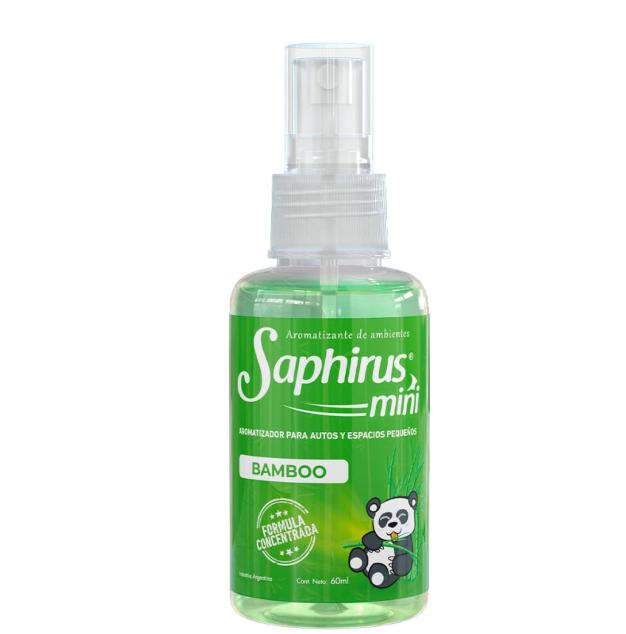 Mini ambientador Green Saphirus Bamboo con etiqueta de panda y tapa transparente.