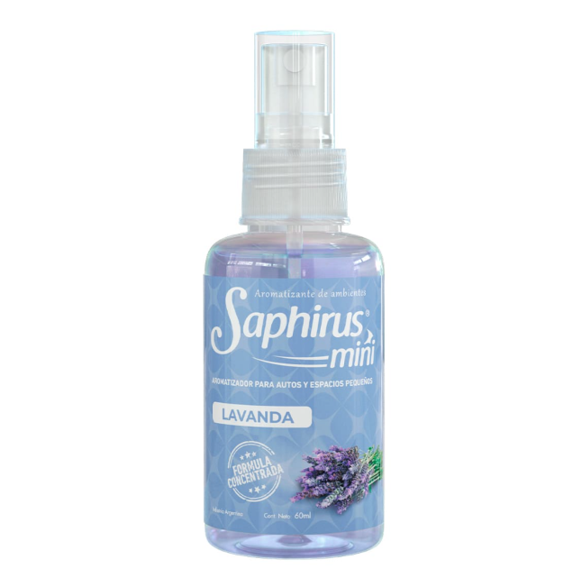 Mini botella pulverizadora Blue Saphirus con aroma a lavanda, tapa transparente y gráfico de lavanda morada.