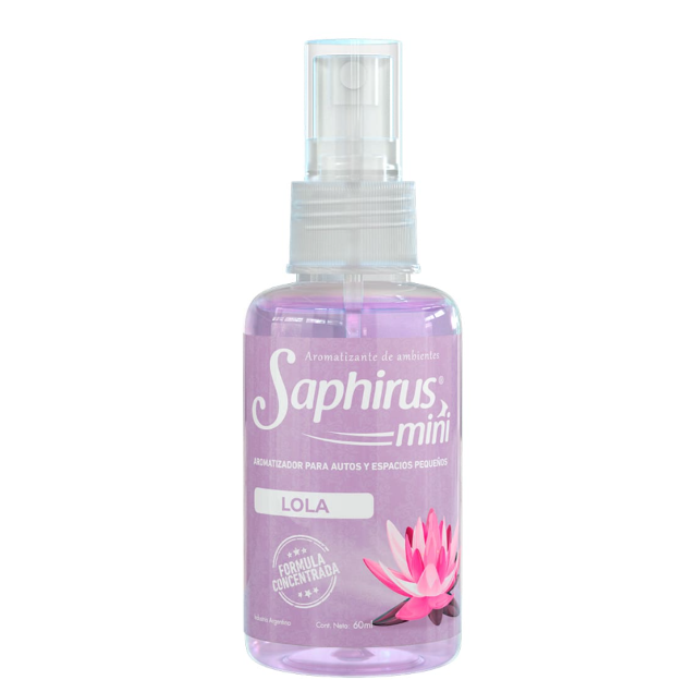 Mini frasco pulverizador Purple Saphirus con tapa transparente y gráfico de flor rosa.