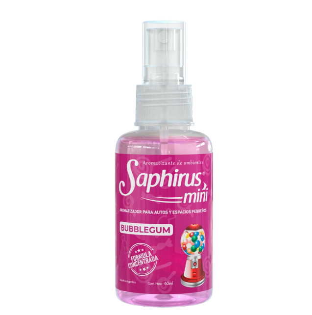 Mini botella de spray Pink Saphirus con forma de chicle, tapa transparente y colorido dibujo de chicle.