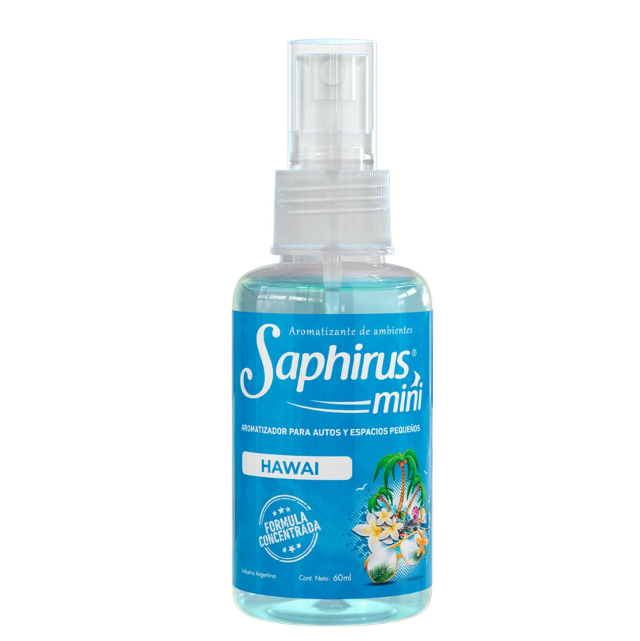 Mini ambientador en spray Blue Saphirus con etiqueta de aroma “Hawaii”.