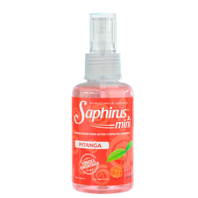 Frasco de spray para habitaciones Coral Saphirus Mini Pitanga con tapa transparente y etiqueta de hoja verde