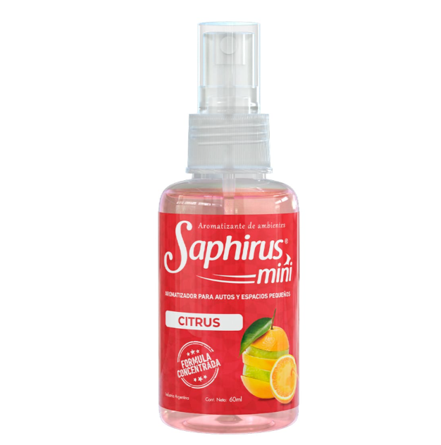Frasco de perfume en miniatura Red Saphirus con fragancia cítrica e ilustración de una rodaja de naranja.