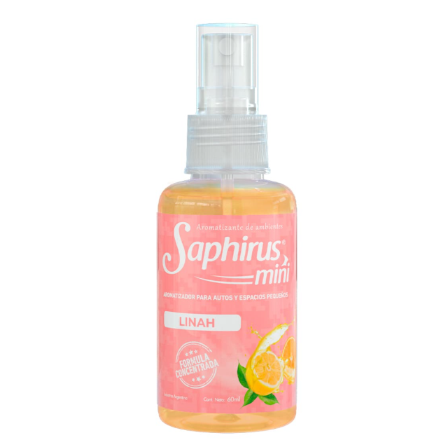 Mini frasco pulverizador de lino Saphirus con etiqueta rosa e ilustración de aroma a naranja.