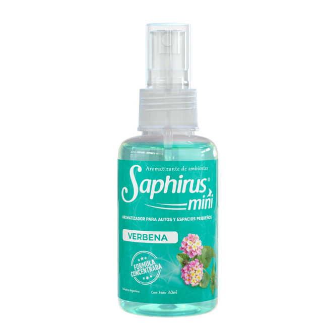 Ambientador de verbena Turquoise Saphirus Mist en botella con pulverizador.
