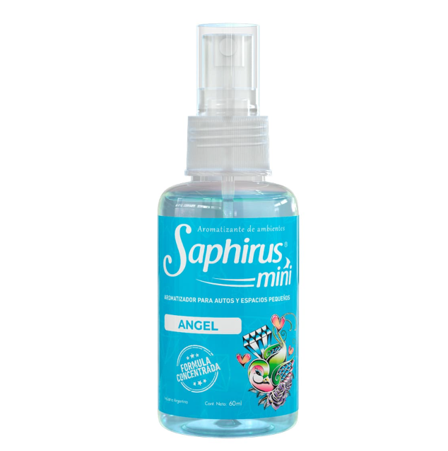 Mini botella de spray Blue Saphirus con tapa blanca y etiqueta floral colorida con la inscripción 