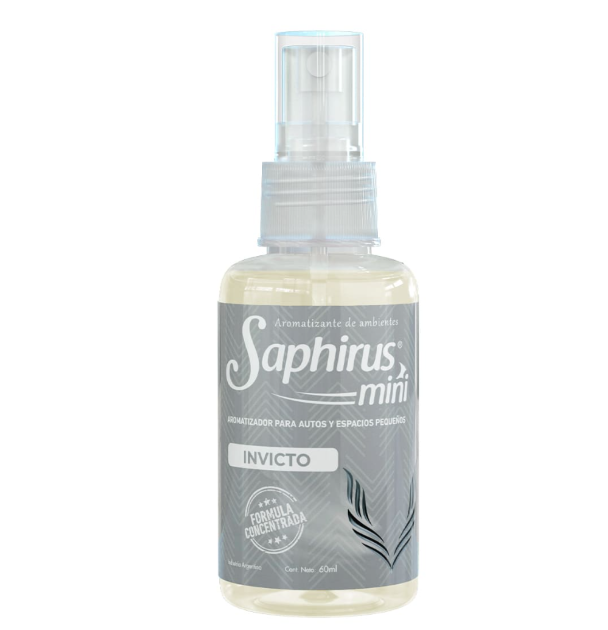 Pequeño frasco pulverizador transparente con la etiqueta “Saphirus mini Invicto” y un diseño en gris y blanco.