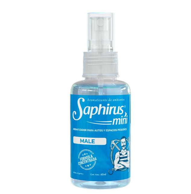 Mini frasco pulverizador Blue Saphirus con tapa transparente y etiqueta blanca para hombre.