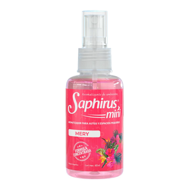Mini frasco pulverizador Pink Saphirus con la etiqueta “MERY”, tapa transparente y diseño floral.