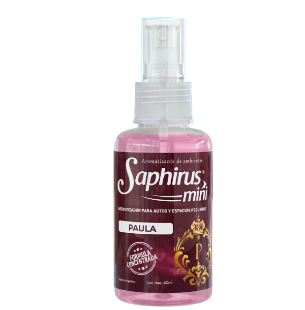 Mini frasco pulverizador Pink Saphirus con tapa transparente y etiqueta PAULA.