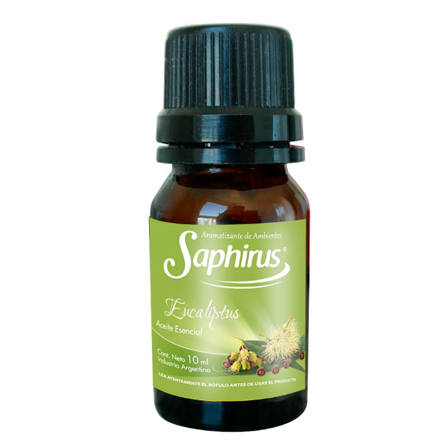 Frasco de aceite esencial de eucalipto Saphirus con etiqueta verde y tapón negro.