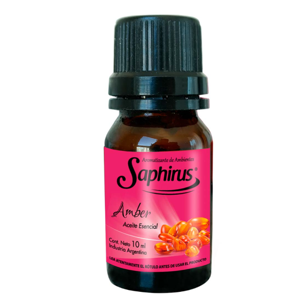 Frasco de aceite esencial color ámbar con etiqueta rosa y tapa negra.