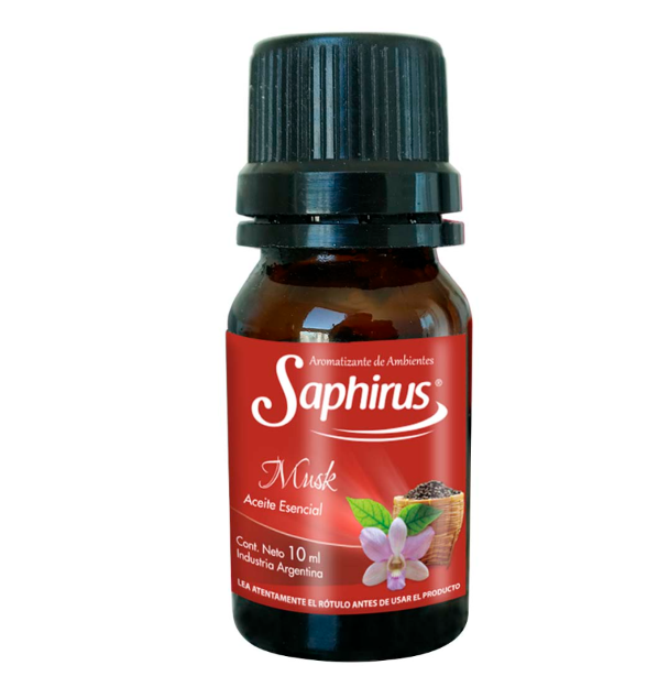 Frasco marrón de aceite perfumado con aroma a almizcle de zafiro, etiqueta roja y tapón negro.