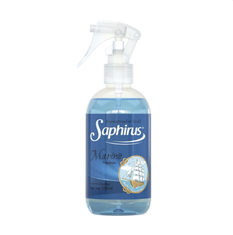 Botella pulverizadora Blue Saphirus con gatillo blanco y líquido transparente en su interior.