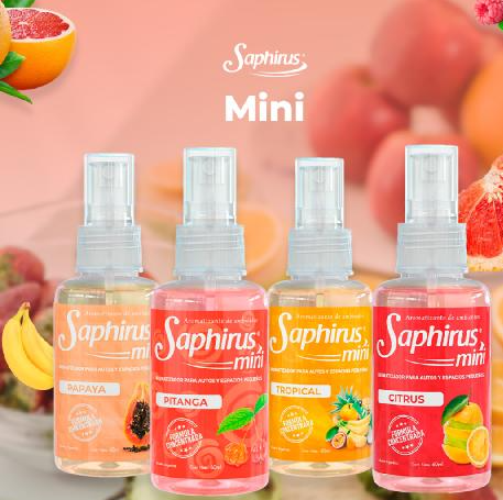 Cuatro mini frascos de spray Saphirus con aromas a melocotón, fresa, frutas tropicales