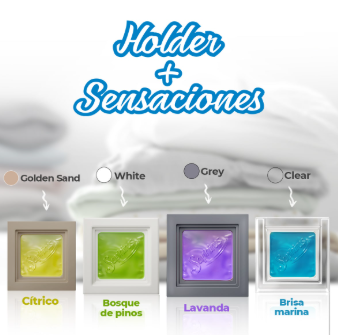Portavelas Sensaciones con cuatro colores perfumados: cítrico, bosque de pinos, lavanda y brisa marina.