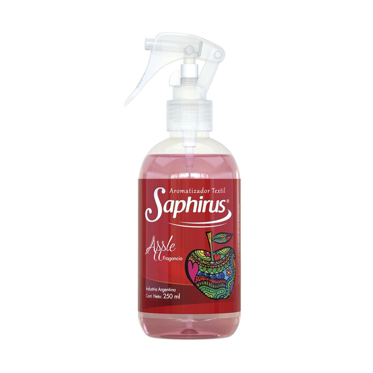 Frasco pulverizador Pink Saphirus con gatillo transparente, etiqueta roja y gráfico de manzana sobre fondo blanco.