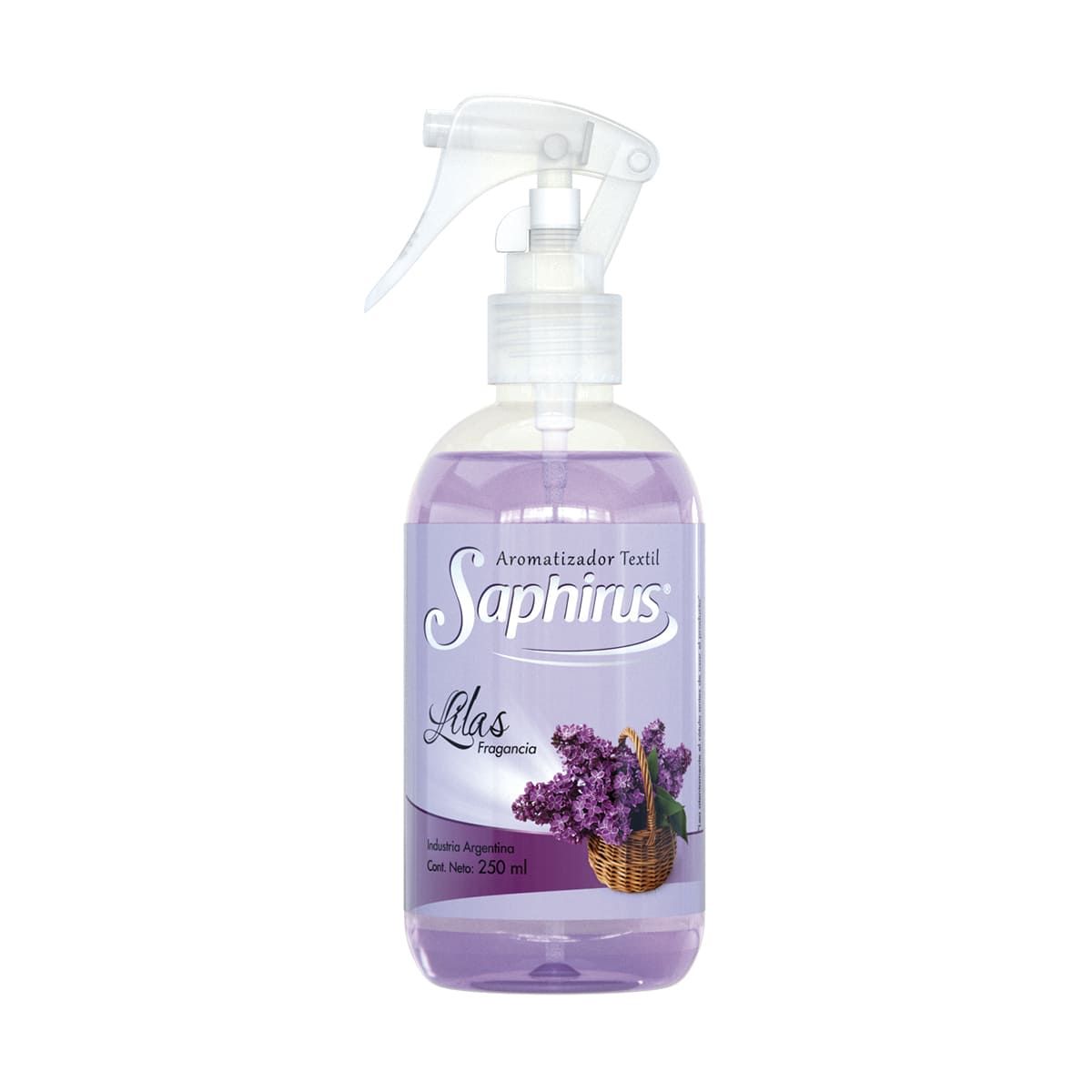 Botella de ambientador líquido de color morado con boquilla pulverizadora, etiquetada 