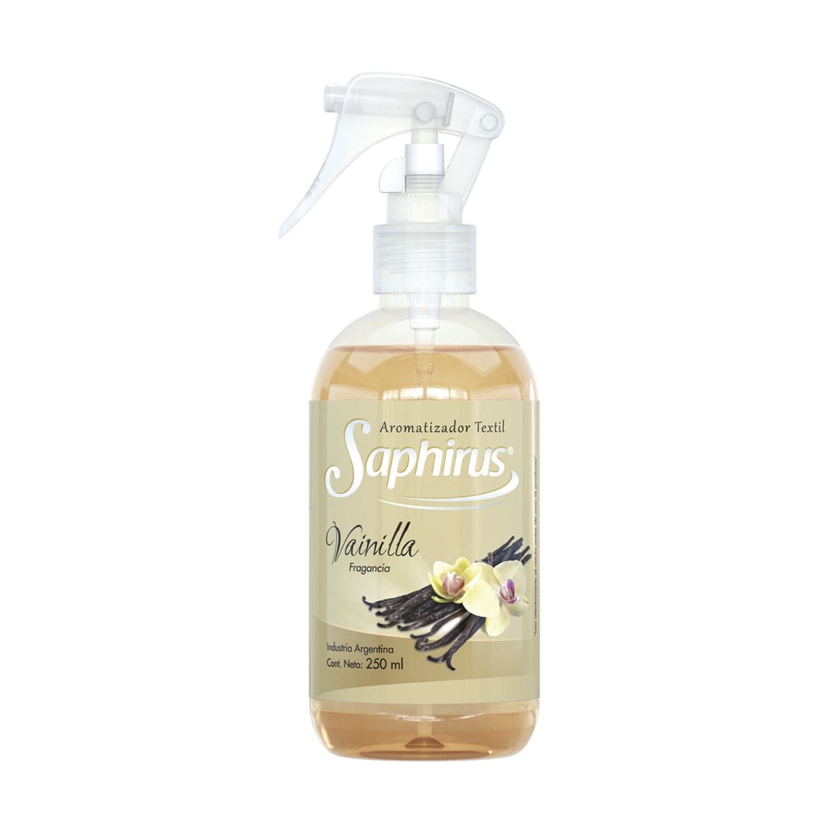 Frasco pulverizador transparente de ambientador de vainilla Saphirus con líquido beige y etiqueta floral.