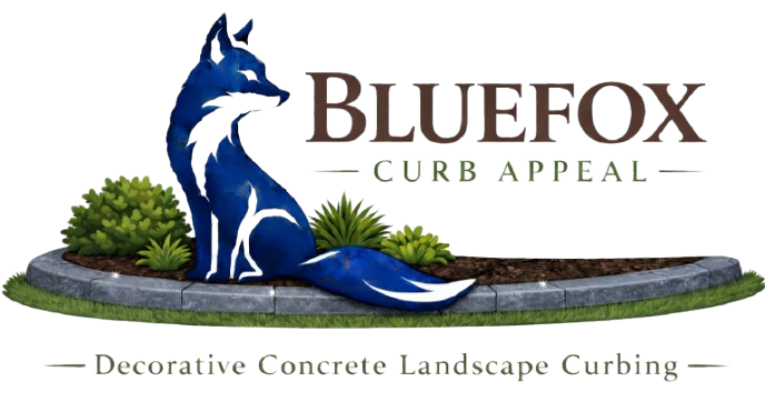 Bluefox Curb Appeal logo with blue fox over landscape, “Decorative Concrete Landscape Curbing” text