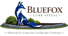 Bluefox Curb Appeal logo with blue fox over landscape, “Decorative Concrete Landscape Curbing” text