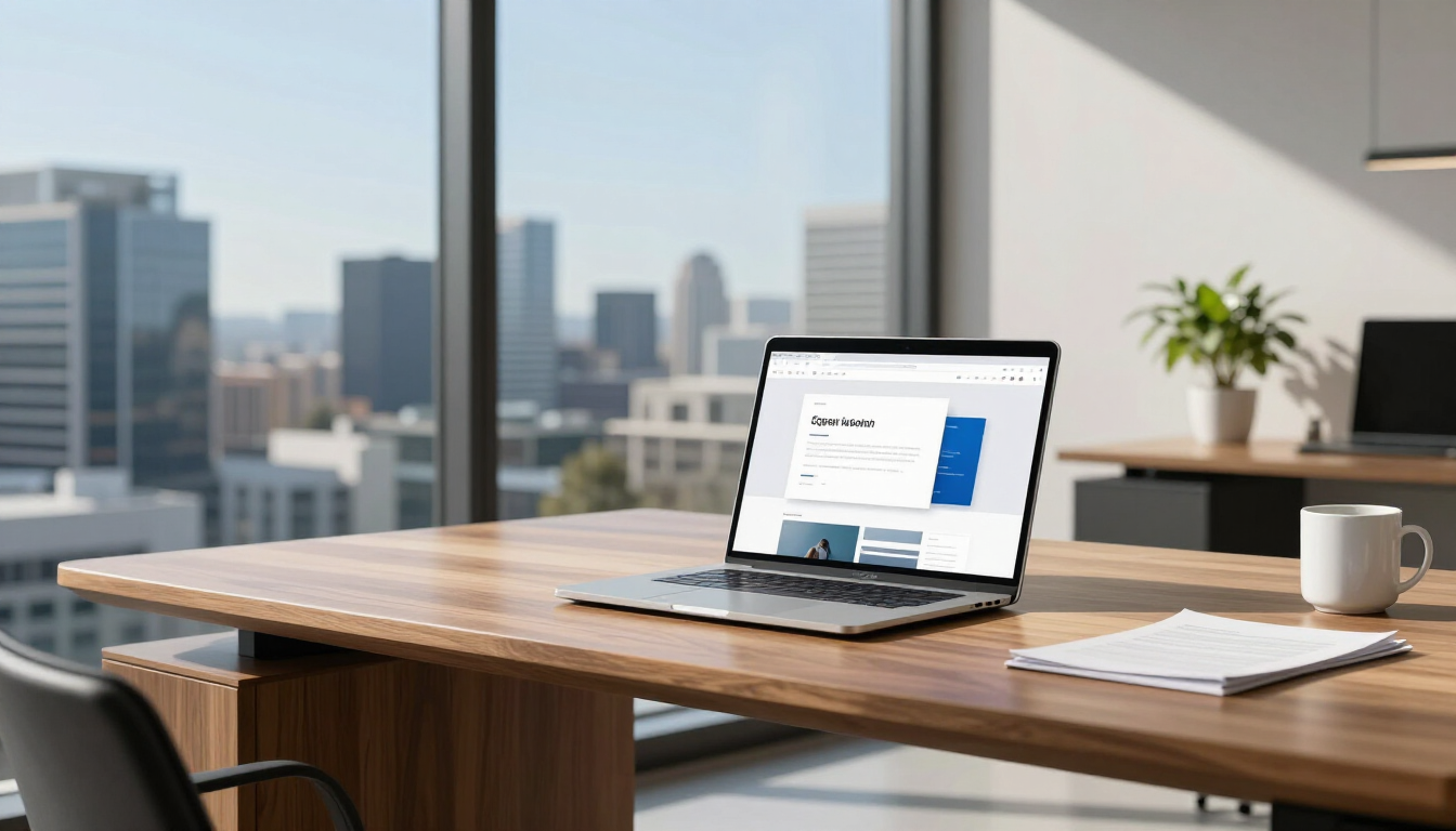 Minimalist Melbourne office desk with a laptop displaying a modern web design project