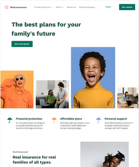 Dental clinic website homepage with smiling patient and purple call-to-action button