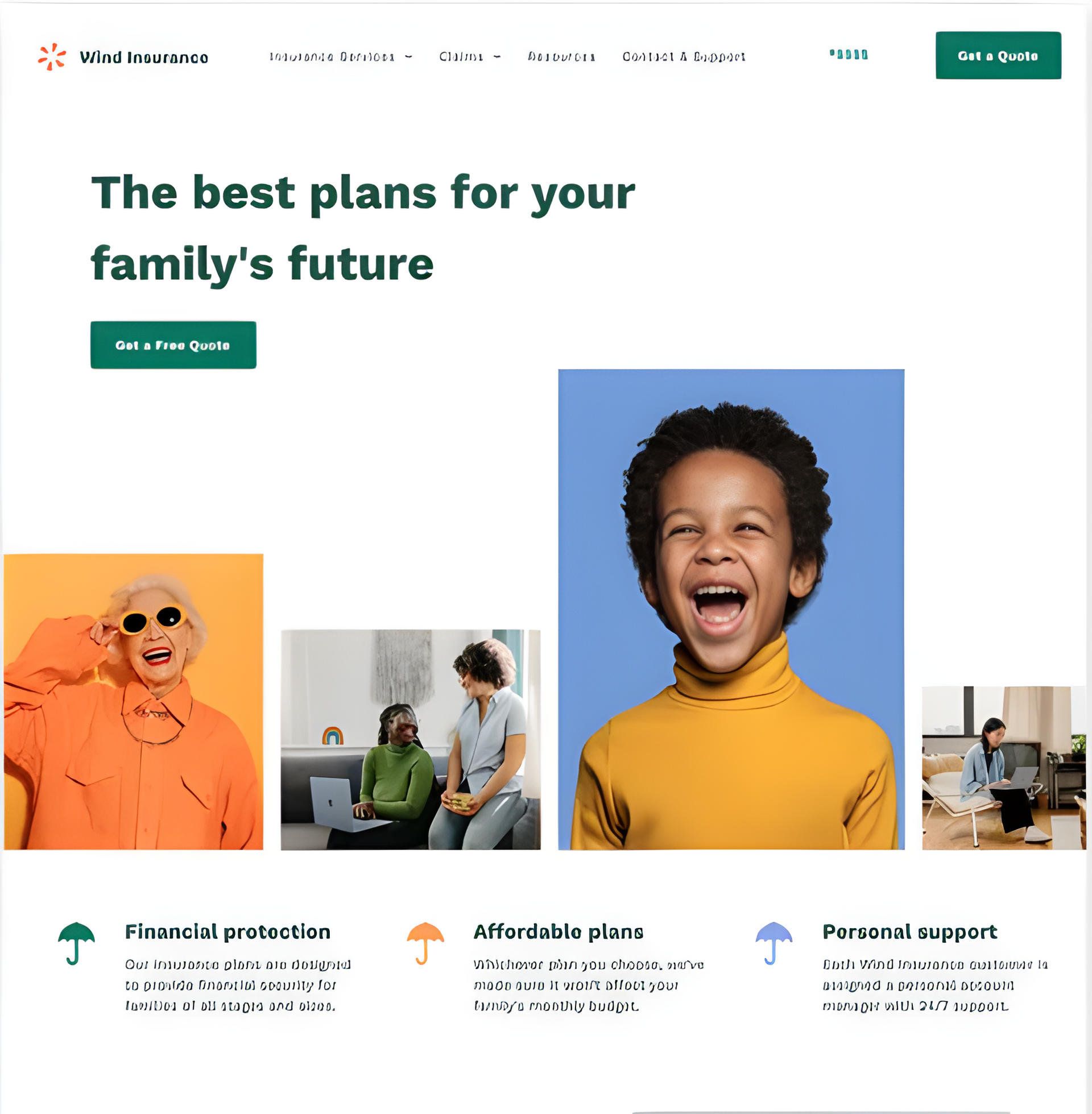 Family insurance webpage with headline, green call-to-action button, and photos of smiling people in colorful scenes