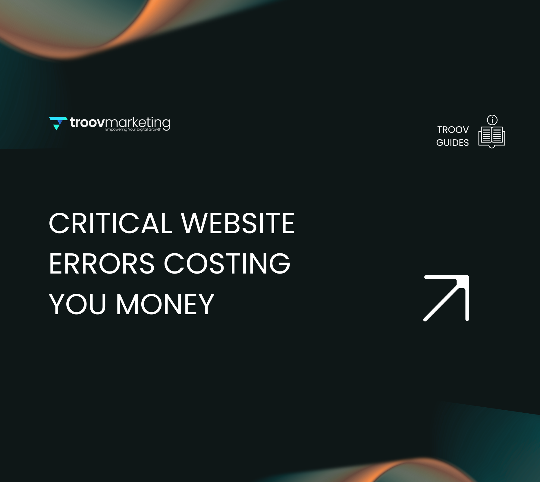 Dark teal marketing slide with text “Critical website errors costing you money” and an upward arrow icon.