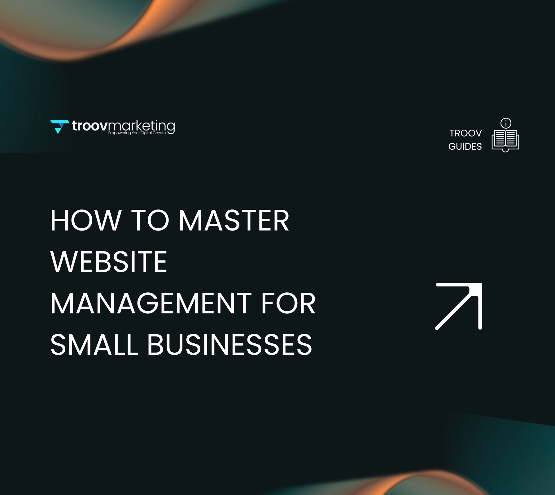 Dark teal promo graphic reading “How to Master Website Management for Small Businesses” with logo and arrow icon