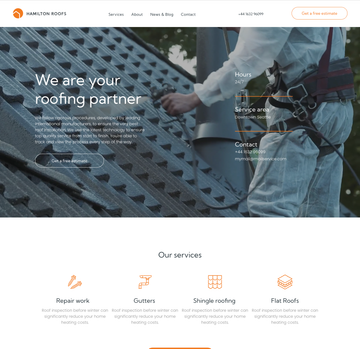 Roofing company homepage with worker on roof and headline, “We are your roofing partner”