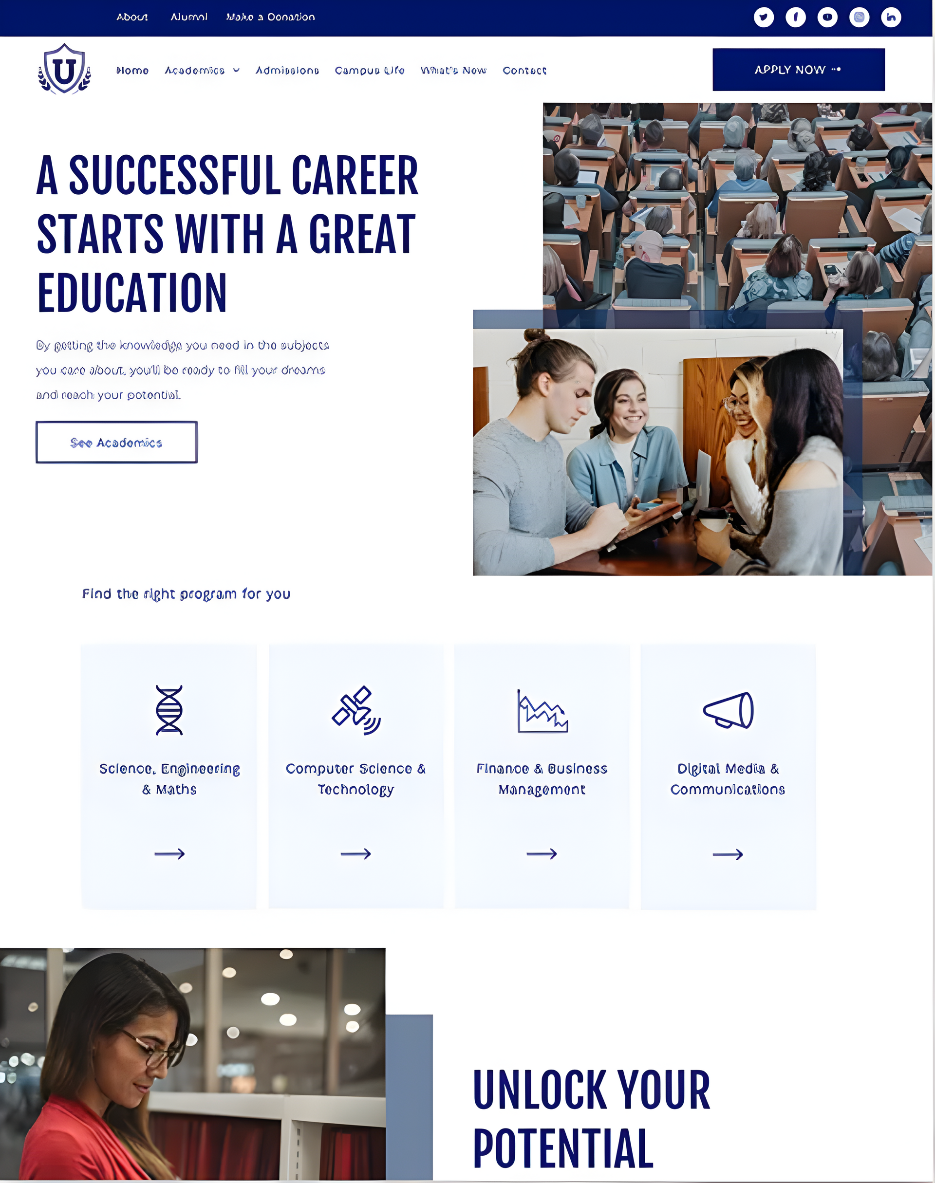University website homepage with blue header, student photos, and the headline