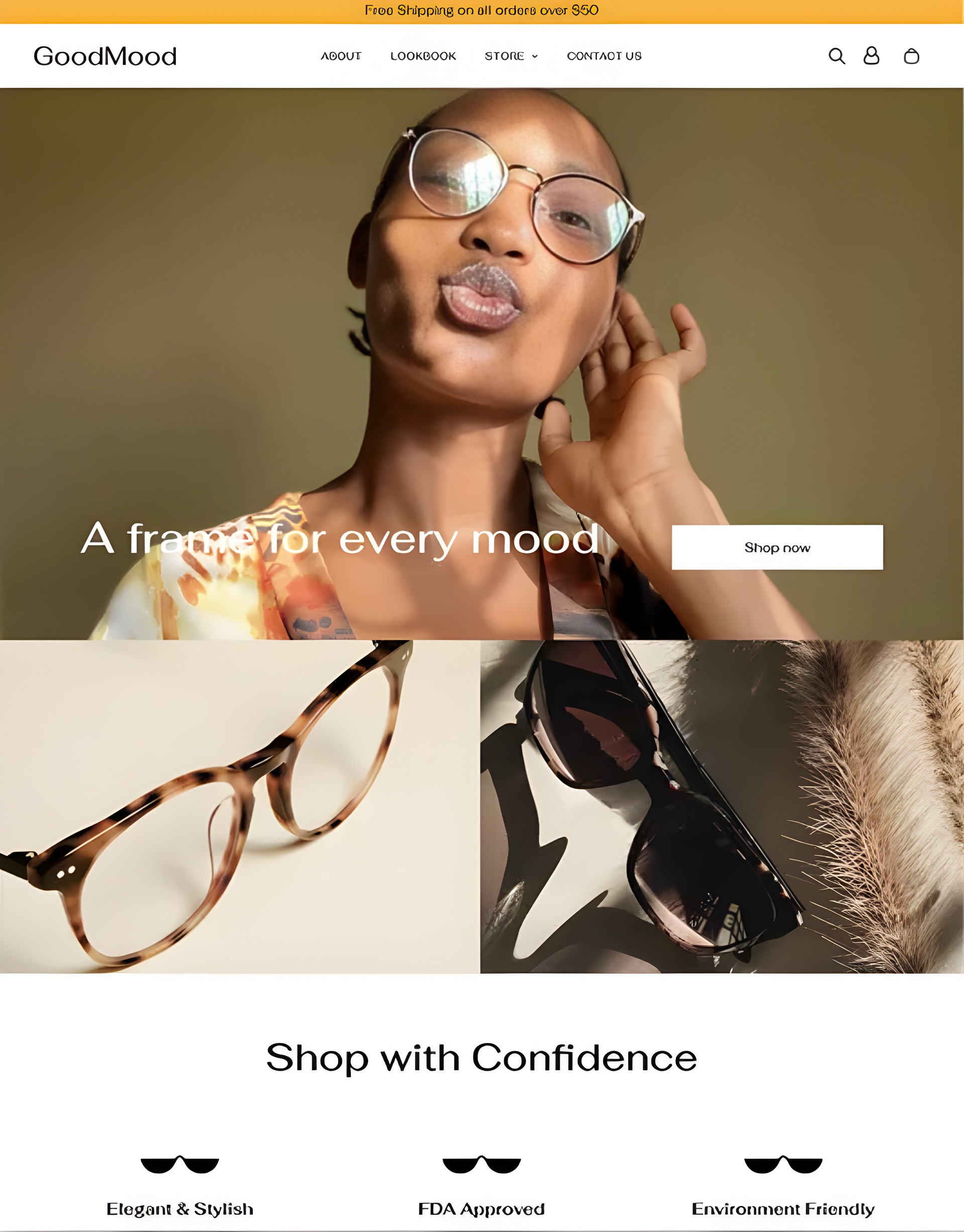 Eyeglasses website homepage with model wearing glasses and product images, promoting frames for every mood