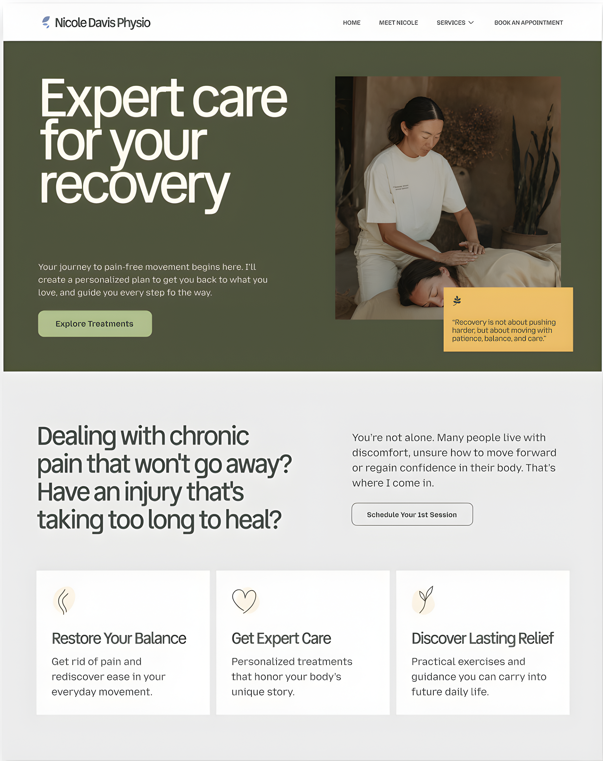 Health care website homepage with “Expert care for your recovery,” woman seated, green and cream layout