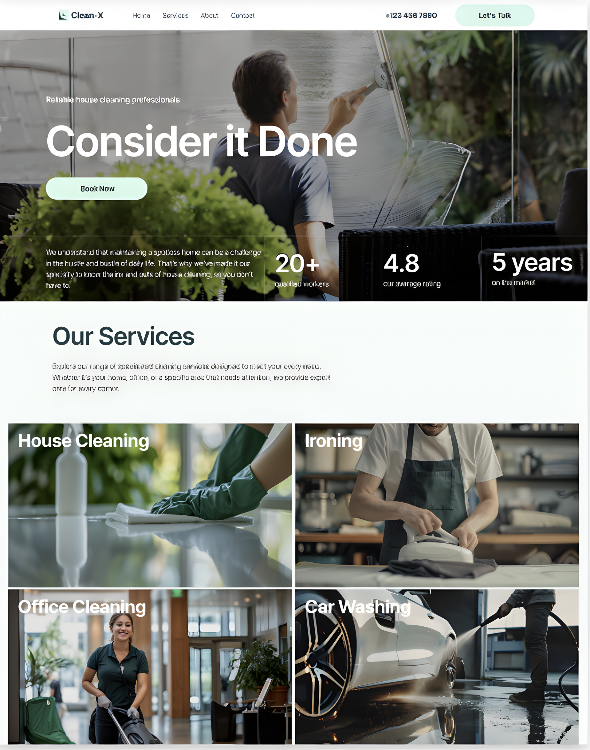 Cleaning service website homepage with “Consider it Done,” service tiles, and 4.8 rating badges