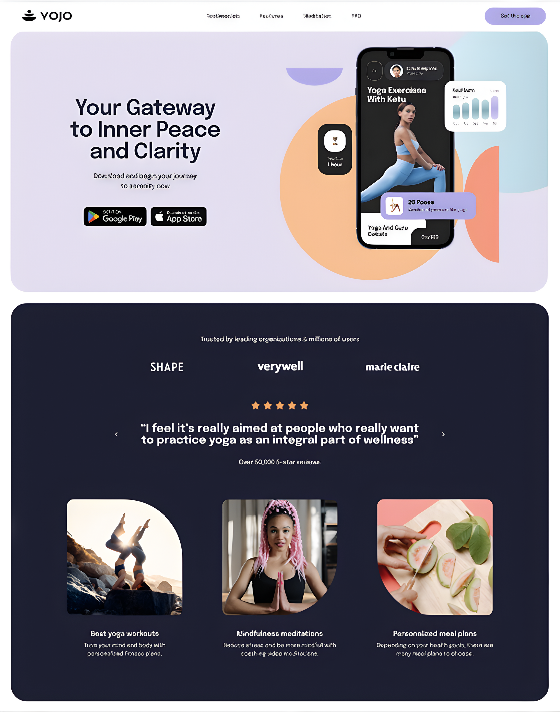 Meditation app homepage with phone mockup, yoga pose, and wellness feature cards on a pastel background