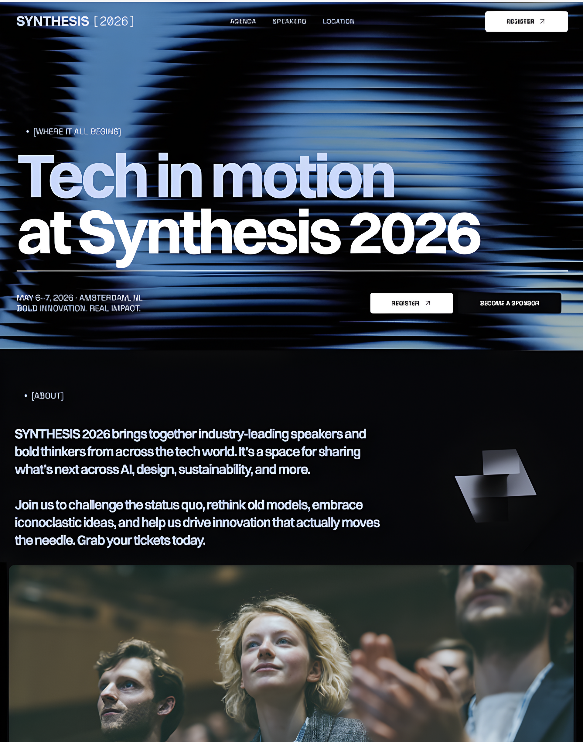 Tech conference landing page with blue abstract background and audience photo, titled “Tech in motion at Synthesys 2026”