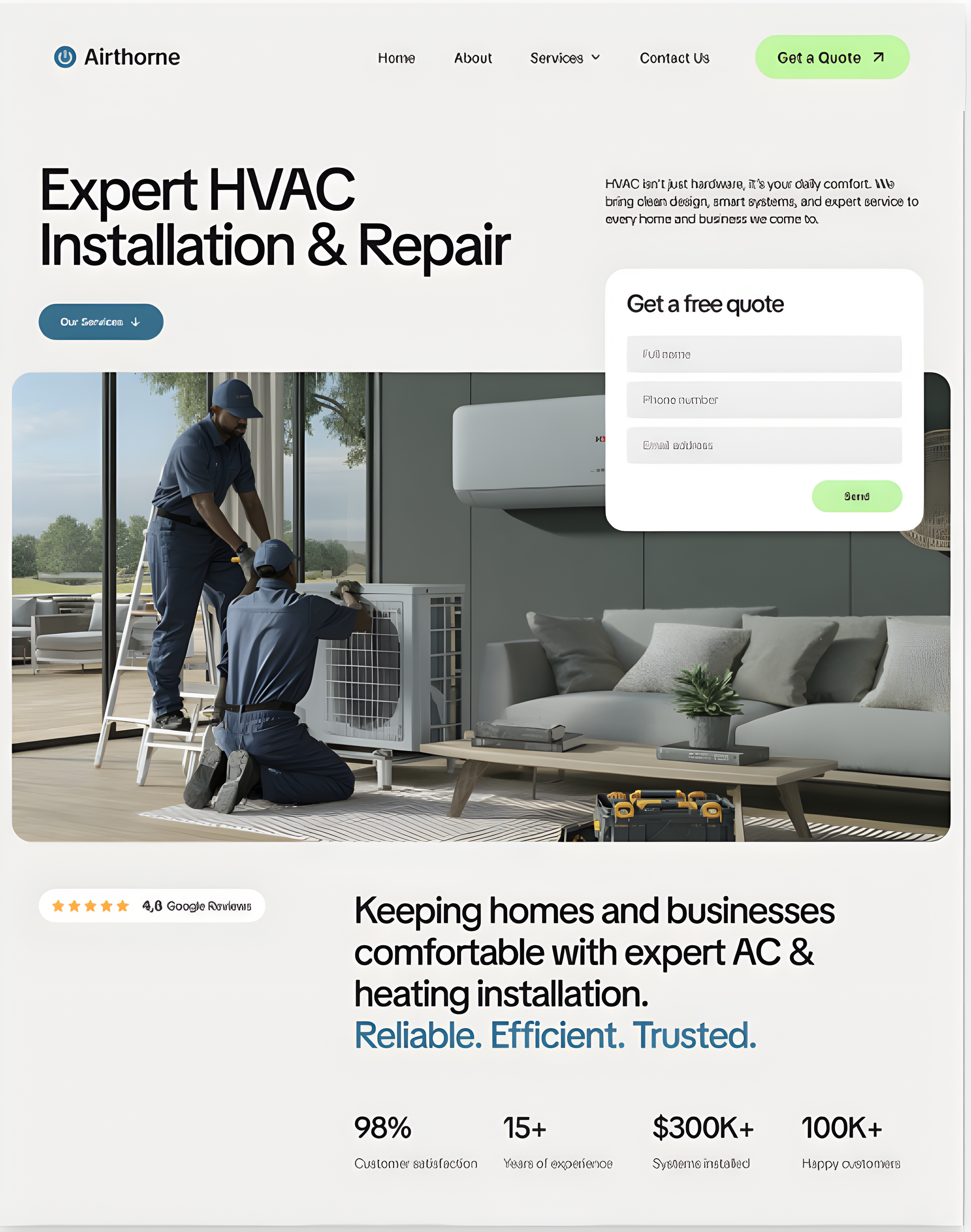 HVAC repair website hero with technician servicing an indoor AC unit and a quote form overlay