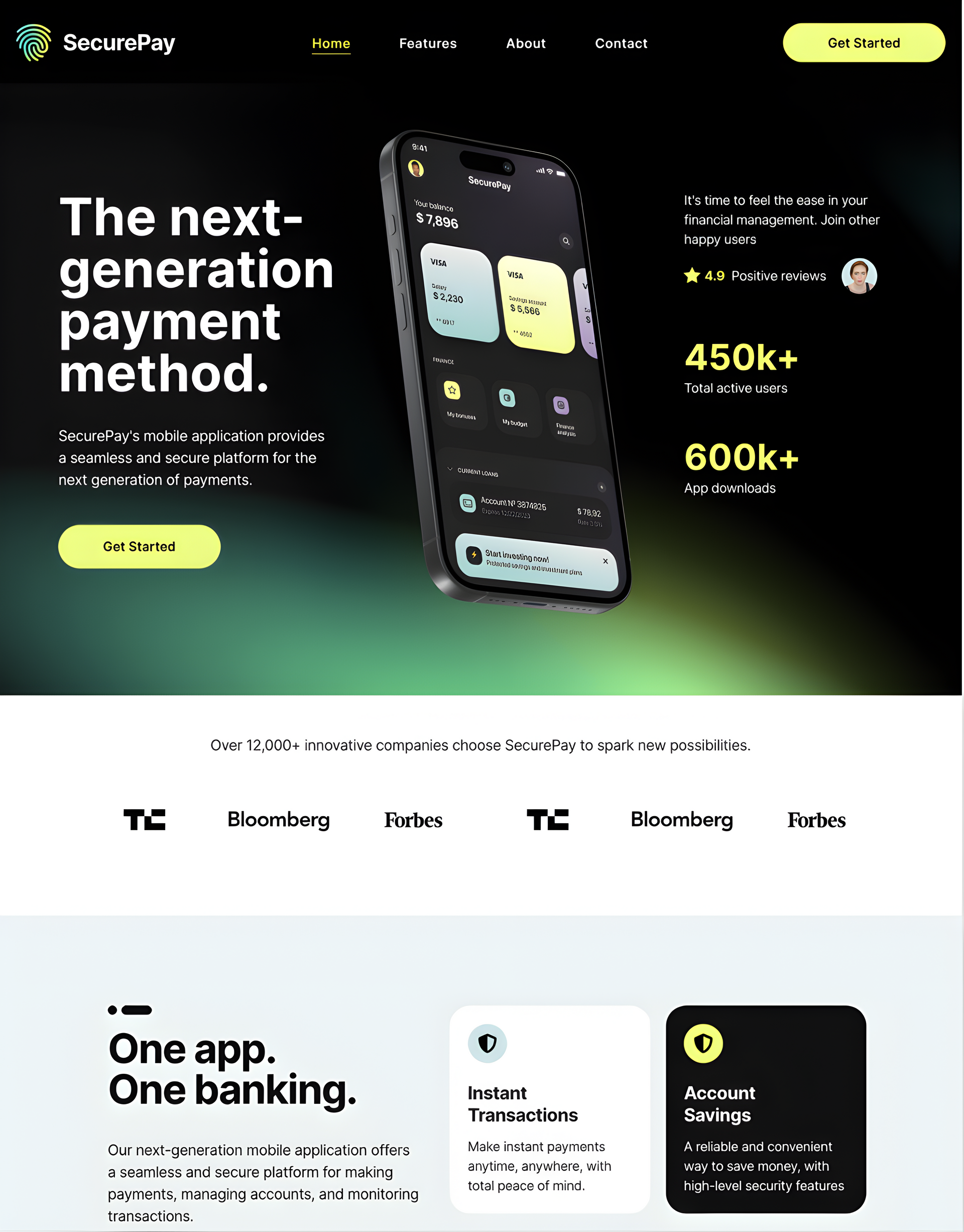 Mobile banking app landing page with dark hero section, phone mockup, and yellow call-to-action buttons