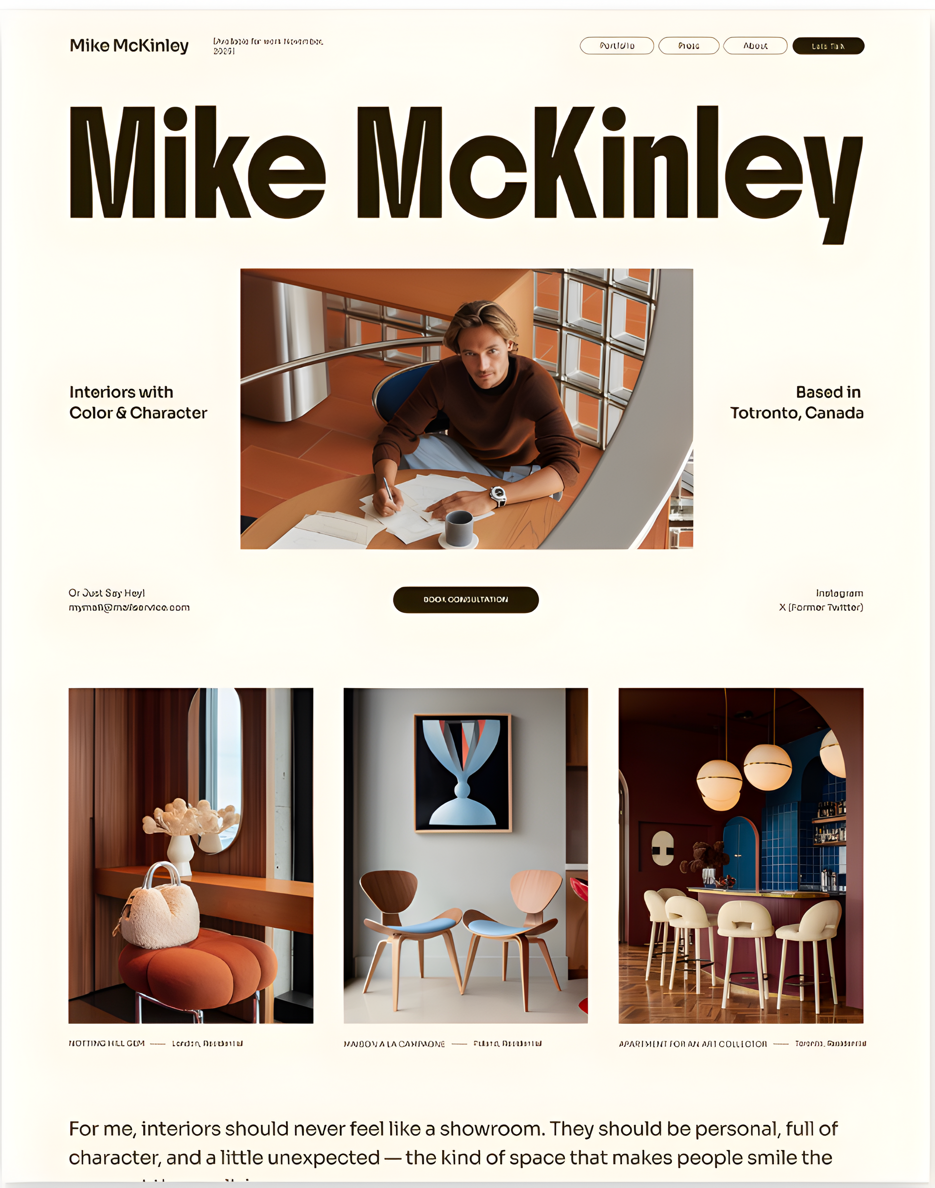 Mike McKinley portfolio page with large header and four interior design photos on a cream background