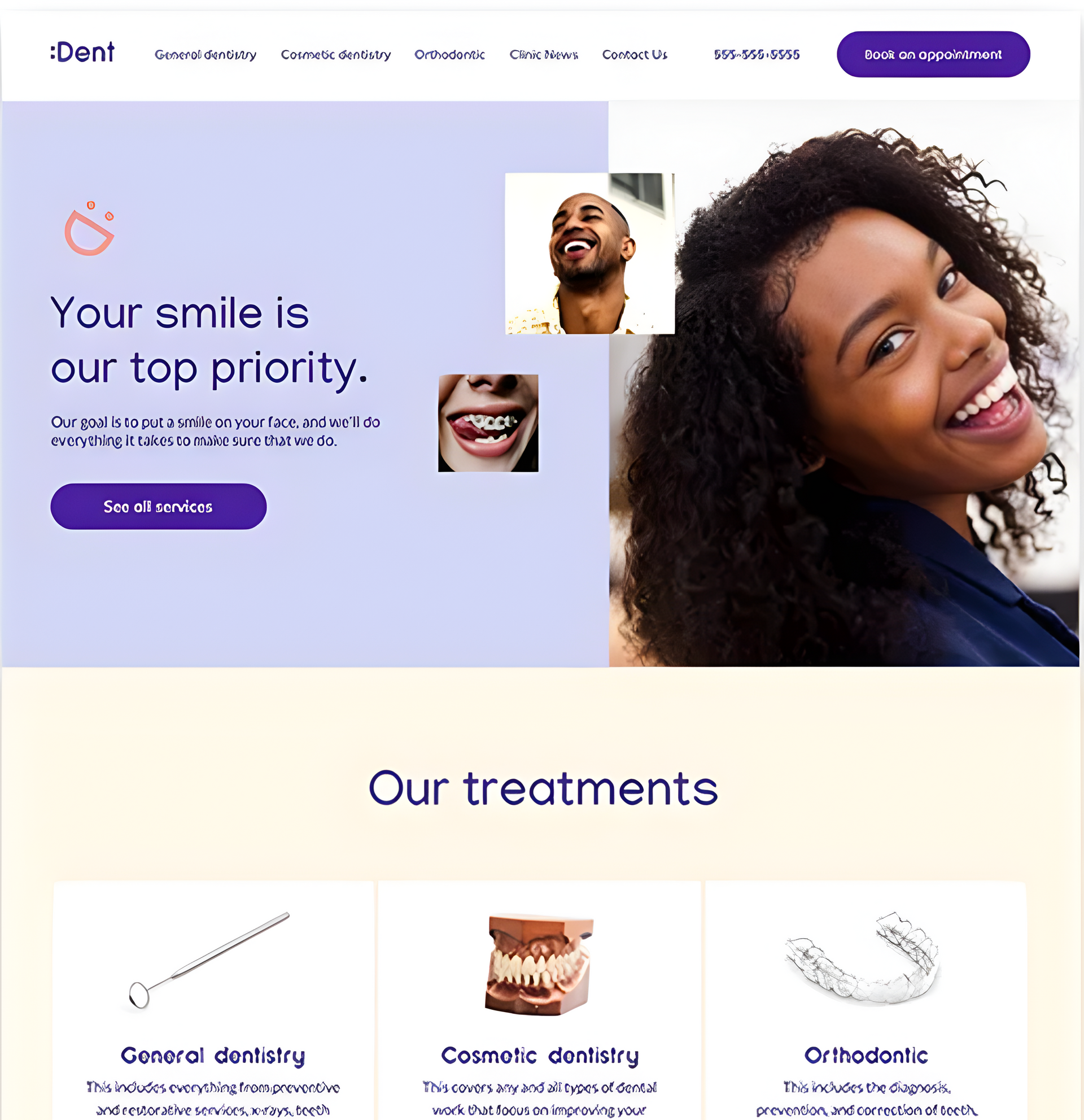 Dental clinic homepage hero with smiling patient photos and “Our treatments” section below