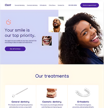 Dental clinic website homepage with smiling patient and purple call-to-action button