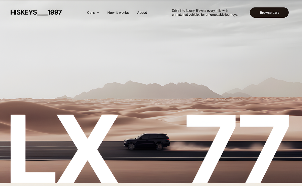 Dark SUV driving across a desert with mountains in the background, large “LX 77” text overlaid.