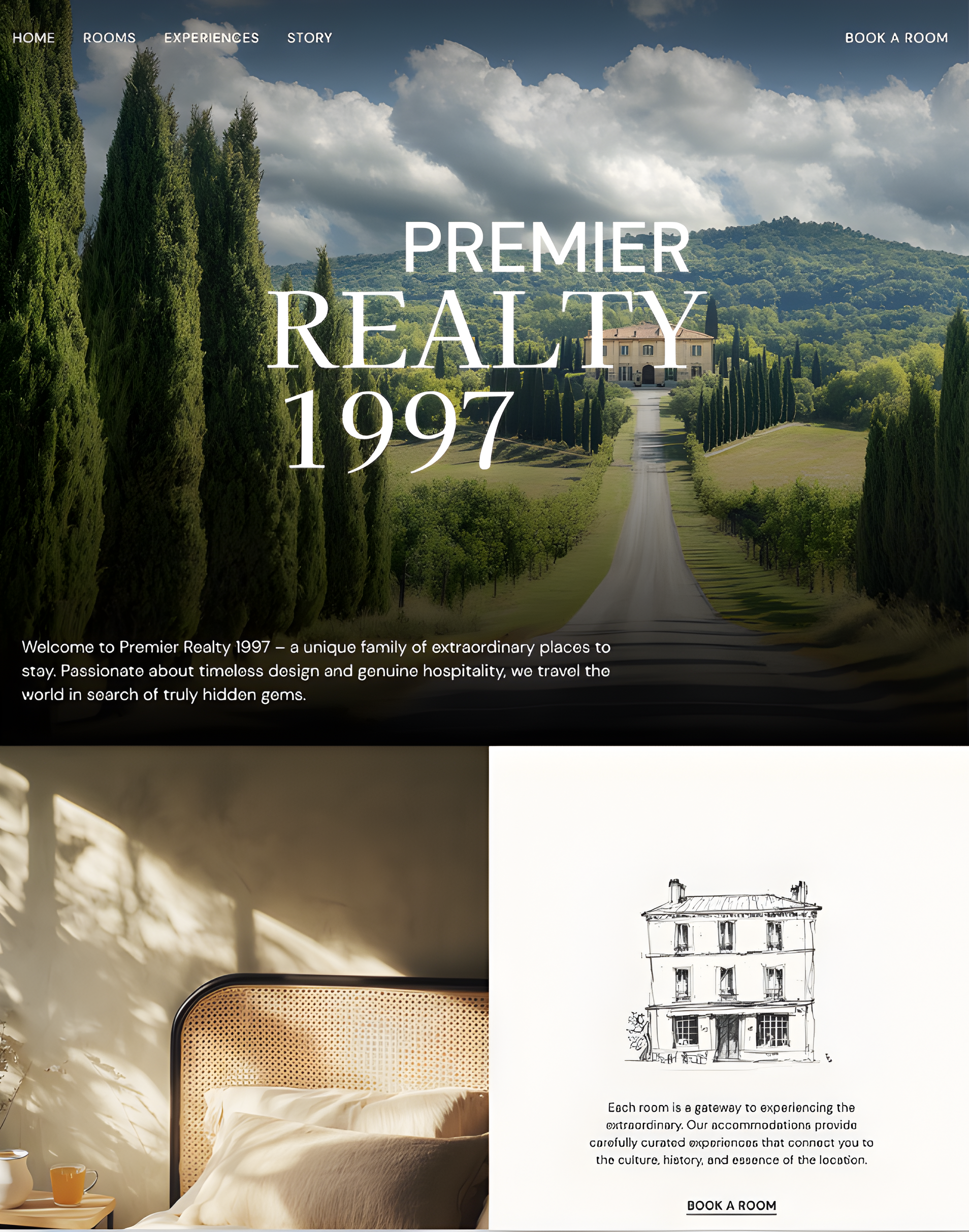 Premier Realty 1997 brochure cover with landscape, bedroom interior, and building sketch panels