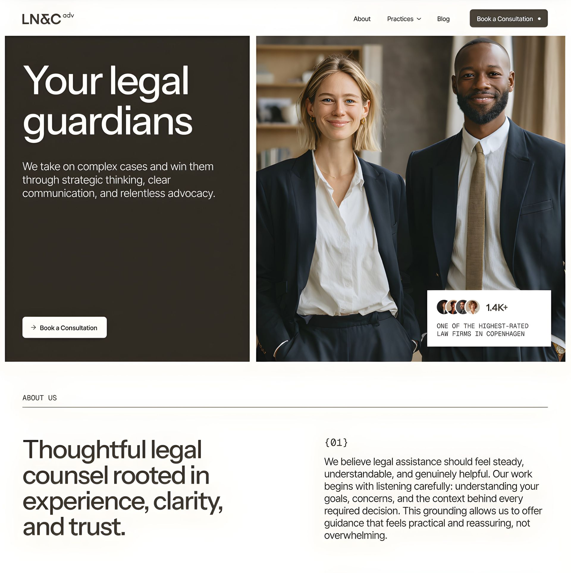 Legal services website homepage with hero text, button, and two professionals in business attire.