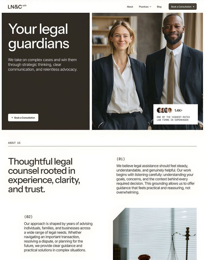 Legal firm website landing page with headline, two professionals, and a clean black-and-white layout