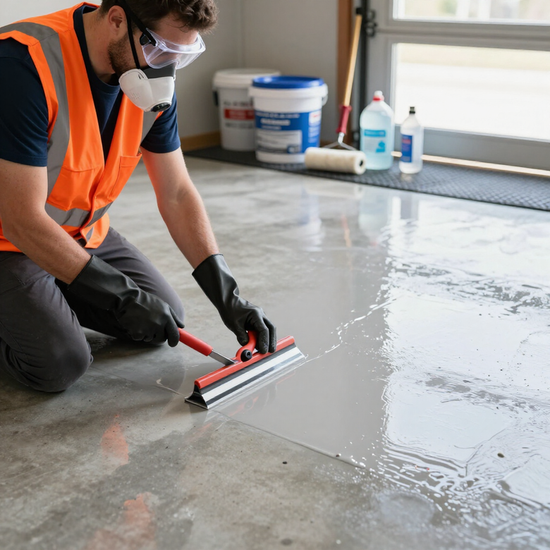 Worker in orange vest and mask spreading epoxy coating on a concrete floor with a squeegee