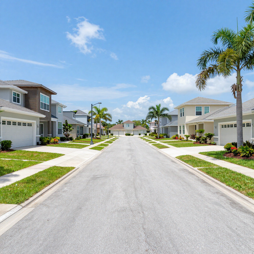 Sunny suburban street with palm trees and modern houses lining both sides