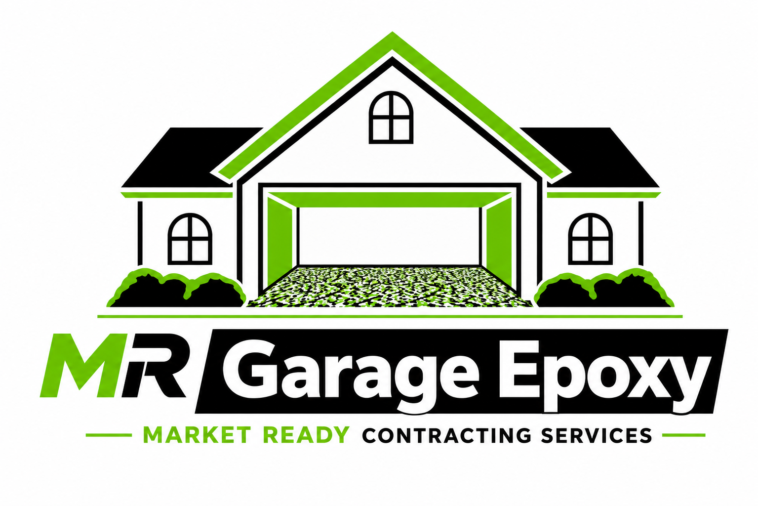 MR Garage Epoxy logo with a gray house and open garage, red and black accents, “Market Ready Contracting Services” text